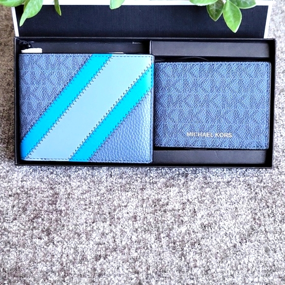 NIB-Micheal Kors Mens 3 In 1 Boxed Wallet Set Denim - Picture 8 of 10